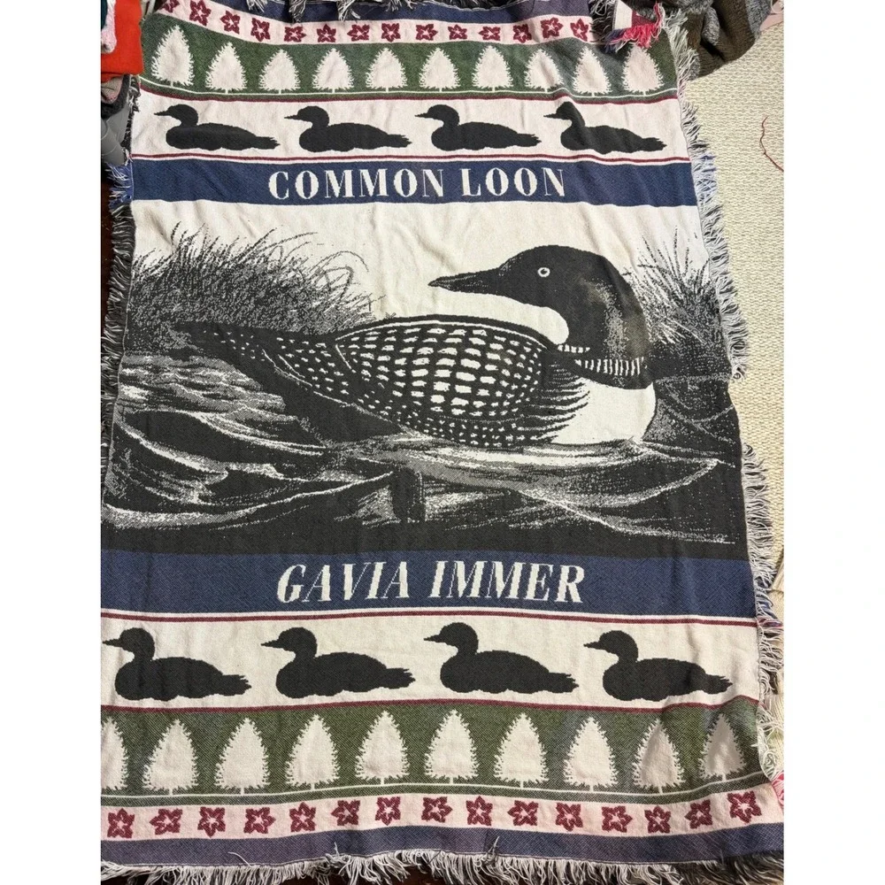 Vintage Common Loon Gavia Immer Woven Tapestry Throw Blanket Fringed Cabin